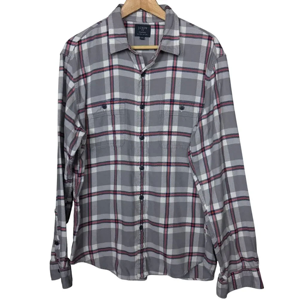 J.Crew Shirt Men Large Gray Plaid Flannel Button Front Long Sleeve Shirt Pockets